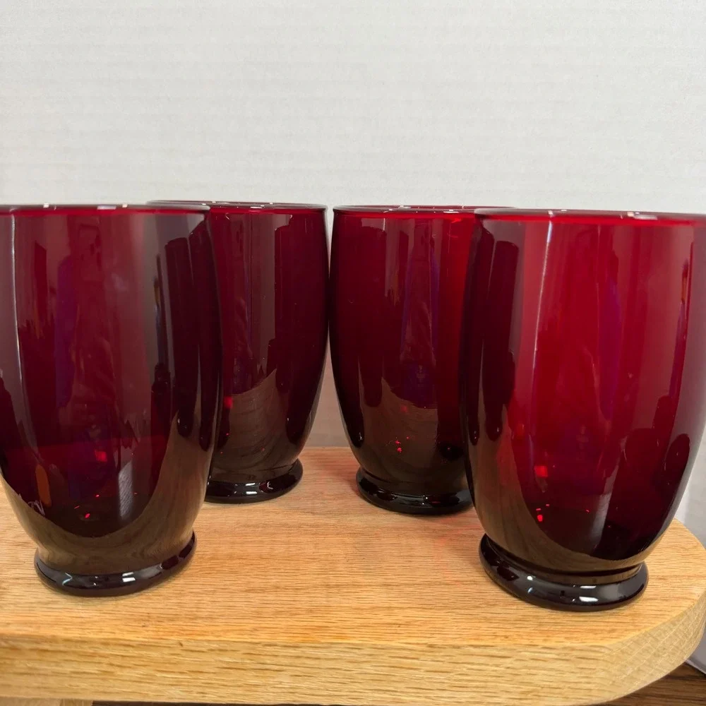 Vintage Anchor Hocking Baltic Royal‎ Ruby Red Tumblers Set Footed Drinking Glass